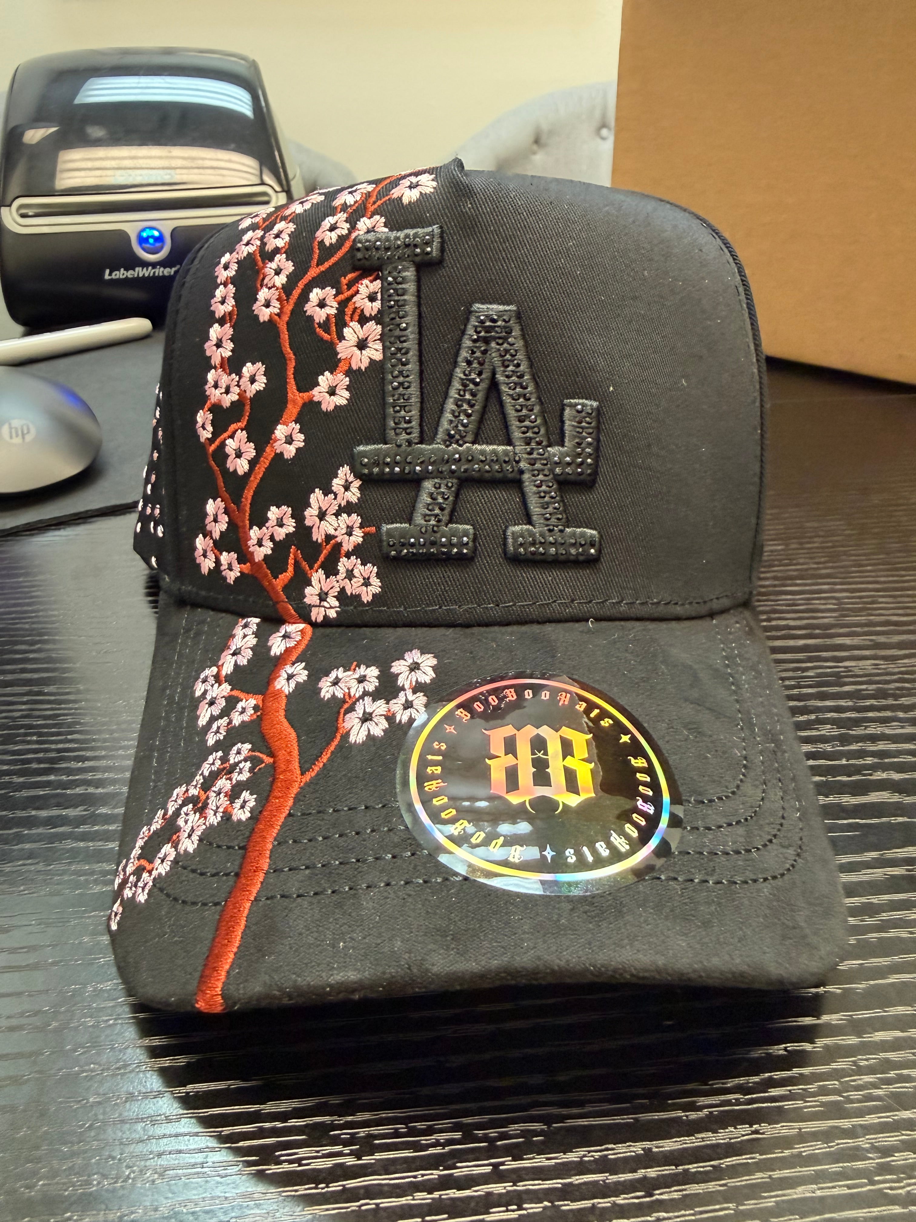 LA BLK SUEDE CHERRY BLOSSOM HAT